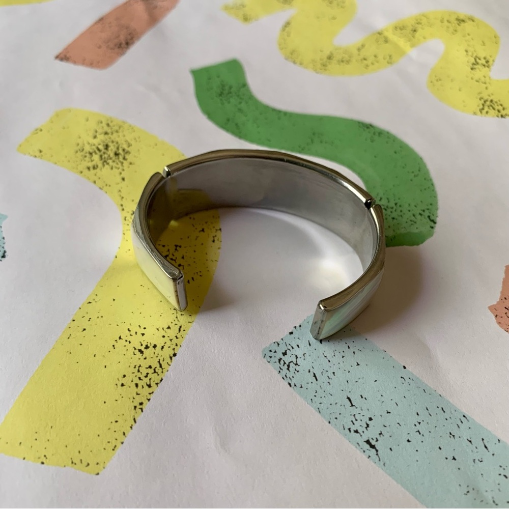 Mother of Pearl Inlay Cuff Bracelet Silver Statement Ring Set - Picture 7 of 12